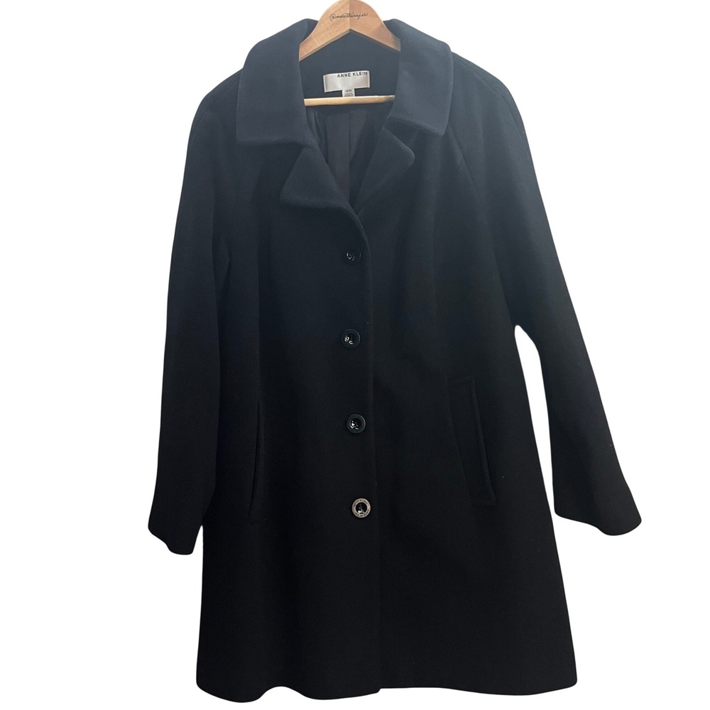 Anne Klein Wool Cashmere Coat Womens 16W Black Double Breasted Pea Coat